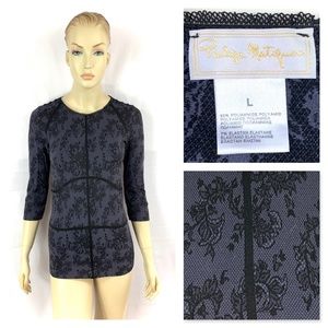 PHILIPPE MATIGNON lace prints black lavender fitted top L